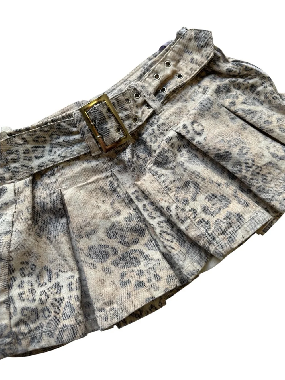 Windsor Leopard-Print Pleated Mini Skirt with Gold-Tone Buckle